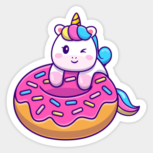 Cute Unicorn With Doughnut Cartoon (2) Sticker